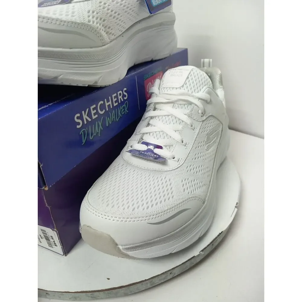 Skechers D'Lux Walker Infinite Motion White Silver Mesh Lace Shoes Womens Sz 11